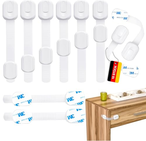 Kindersicherung für Schrank & Schublade (10 Stk.)– Montage ohne Werkzeug – Schubladensicherung mit 3M-Kleber – kindersicher & rückstandslos entfernbar – (Weiß)