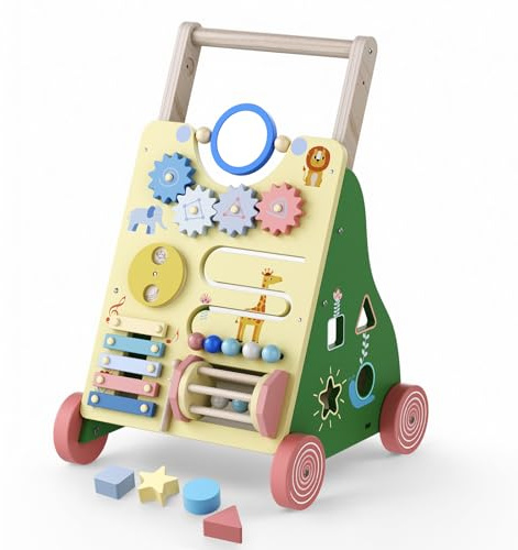 Girello in legno per bambini, girello a spinta, regolabile in altezza, carrello da passeggio con centro attività 10 in 1, giocattolo di risveglio, ideale da 12 mesi, per ragazzi e ragazze