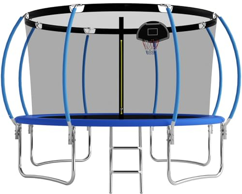 Redkid, Trampolin Outdoor Ø 305/366 cm, Kindertrampolin Gartentrampoline mit Sicherheitsnetz, Leiter, Basketballkorbbrett,Belastbarkeit 440 Pfund,Blau(12FT-3,366cm)