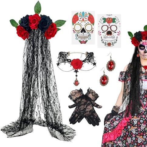 doyandader Tag der Kostüm | Tag der Halskette Kopfschmuck Set | Spitzenhandschuhe Schleier Ohrringe Halskette Kostüm Zubehör für Frauen Erwachsene Bühnenauftritt Cosplay Party Halloween