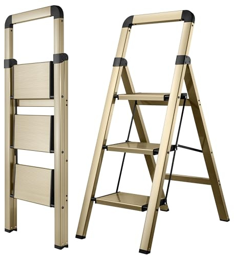 BIBKOKE Step Ladder Folding 3-Step Champagne Gold Finish Aluminum Foldable Step Ladders,Anti-Slip for Home & Kitchen Office 330 lbs