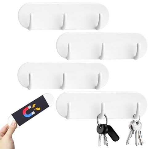 ZHIQIN 4 Pièces Porte Clés Magnétique avec 3 Crochets Support Clef Mural Sans Perçage Crochet Magnetique Blanc Accroche Porte Clef Mural pour Réfrigérateur Buanderie Cuisine