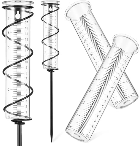 BESTonZON Pluviomètre de Jardin en Verre avec Piquet Spirale Métallique 7 Pouces, Kit 3 Pièces avec 2 Tubes de Remplacement, Mesure Pluie Extérieure Précise pour Pelouse et Clôture