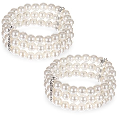 Aysatogc 2 stycken pärlarmband dam vit 1920-talet armband pärlor | 3-radigt stretch pärlarmband för kvinnor party avslutningsbal bröllop festival halloween