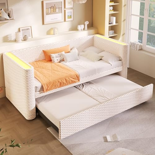 ANIROY Polsterbett Tagesbett 90x200cm/180x200cm mit Ausziehbett 90x190cm, Schlafsofa Daybett mit Lattenrost & LED, Samtstoff Einzelbett/Doppelbett für Kinder, Erwachsene, ohne Matratze, Beige