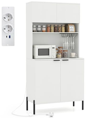 COSTWAY Küchenschrank Holz, Buffetschrank mit Ladestation, Hochschrank mit Türen, Weinglashalter & Arbeitsplatte, Vorratsschrank Aufbewahrungsschrank, für Küche Esszimmer, 80x40x164 cm, Weiß