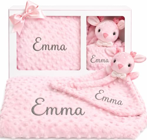 mibebestore Pack Manta Bebé Personalizada con Nombre con Doudou Bordado Regalo para Recién Nacido Niño o Niña Mantita Minky Suave 80x100 cm Dou Dou 25x25 cm para Cuna Coche - Bambi Rosa