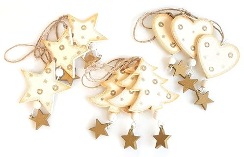 Deko Anhänger Herz Stern Baum im 9-er Set je 10cm, Holz Creme Gold Landhaus, Weihnachtsdeko Baumschmuck Fensterschmuck Zierschmuck