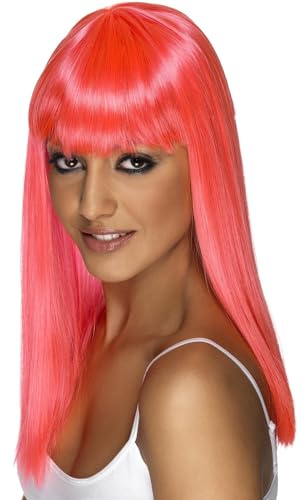 Smiffys Glamourama Perücke, Neon-Rosa, Lang, Glatt mit Pony Halloween