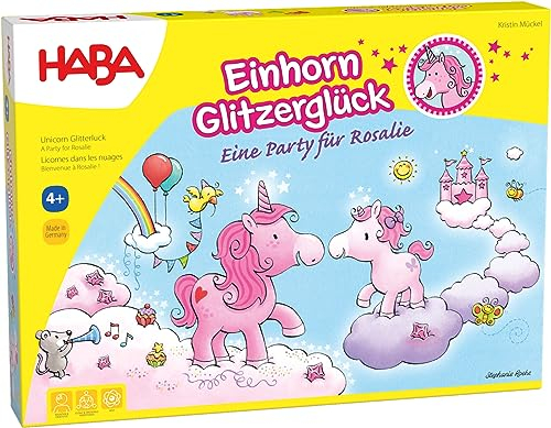 HABA Einhorn Glitzerglück – Kooperatives Lauf- und Sammelspiel für 2-4 Spieler ab 4 Jahren – Party im Wolkenland – Brettspiel, Kinderspielzeug - 1302767001