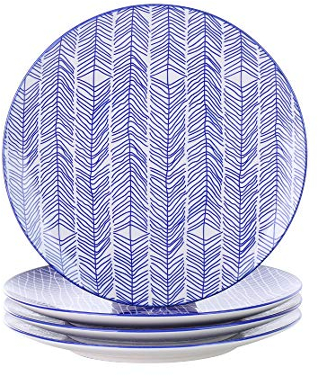 Vancasso Takaki Set 4 Pezzi Servizio da Piatti da Tavola in Porcellana Set di Piatti Ceramica Combinazione, Piatti Piatto, Piatti da Dessert Insalata Pasta Pizza Tondo Blu con Bianca per 4 Persone