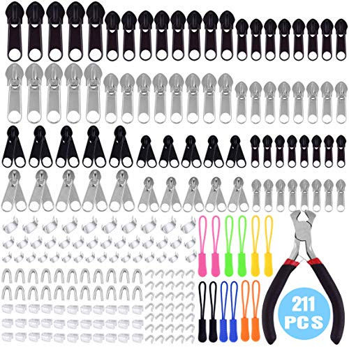 TUPARKA 211 Pcs Reißverschluss Reparatur Set,Reißverschluss Ersatz mit Zipper Install Zange für DIY Taschen, Jacken, Gepäck, Rucksäcke, Silber und Schwarz
