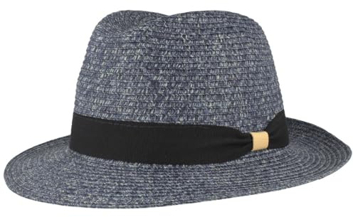 Breiter Strohhut Trilby Sommerhut Sonnenhut aus 100% Papier knautschbar mit Garnitur Besonders Leicht, Flexibel, Hautfreundlich Bequem Blau meliert, L