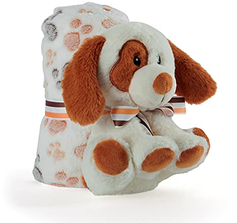 PERLETTI Coperta Neonato con Peluche Cane Animale Morbida e Calda - Mussola Bimbo Bimba 0 1 2 3 Anni con Pupazzo - Plaid Invernale Bambini Bambine Marrone Beige con Fiocchetto - 120x80 cm (Cane)