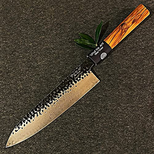 What the Art!® Olive Wood «Santoku» | Cuchillo de cocina japonés | Cuchillo cocinero de acero de Damasco con mango de madera de olivo + regalo | 36 cm