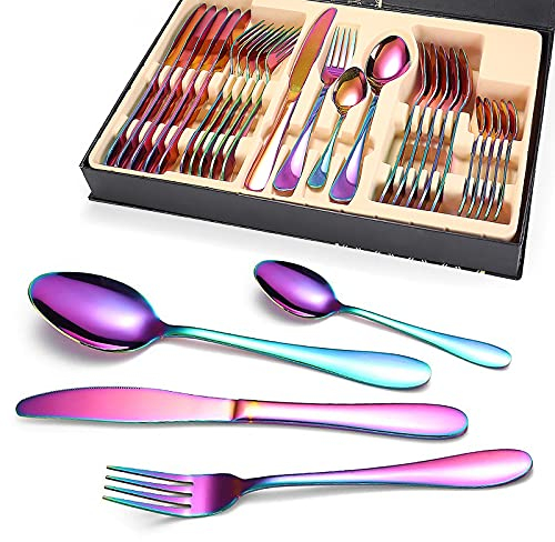 Emsmil Set di Posate in Acciaio Inox Colorate con Confezione Regalo 24 Pezzi per 6 Persone Moderne Lucidate a Specchio Posate Servizio per Casa Cucina Ristorante Lavabile in lavastoviglie