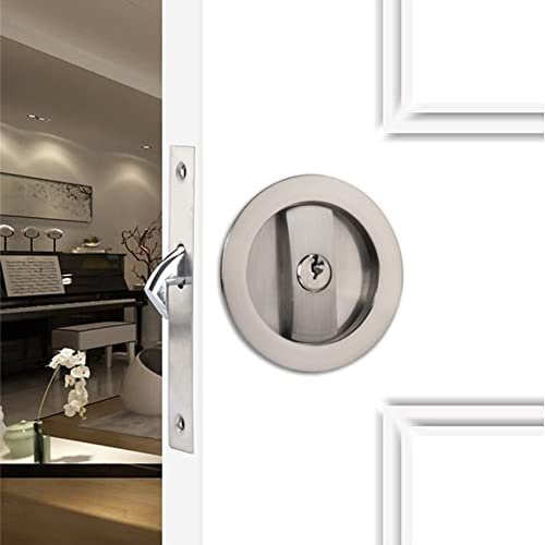 CCJH Serratura a maniglia per porta scorrevole invisibile in legno con chiavi (argento, diametro 7,5 cm)