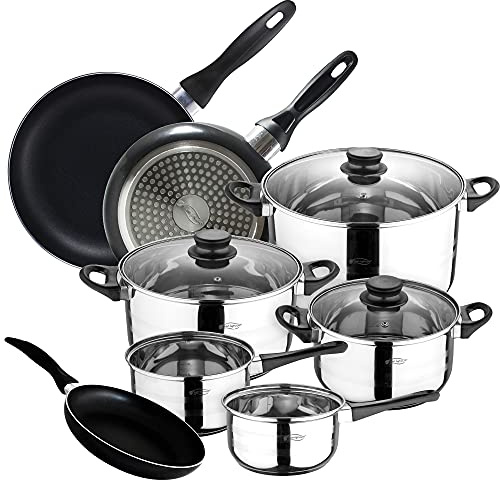 San Ignacio batería 8 Piezas + Set 16/20/24 cms, Acero Inoxidable, Negro, 5 cuerpos + 3 sartenes