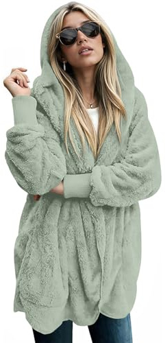 LONGYUAN Women's Casual Fleece Jackets Hooded Sweater Fuzzy Fleece Teddy Coat Elastic Open Front Cardigans with Pockets Avocado X-Large