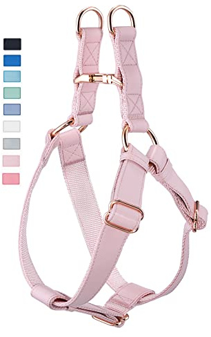 Soft Leather No Pull Dog Harness - Adjustable Step in Dog Harness with Rose Gold Heavy Duty Metal Buckle, Freedom Nylon Dog Halter Vests for Small Medium Large Dogs Easy Walking Training (Pink,M)