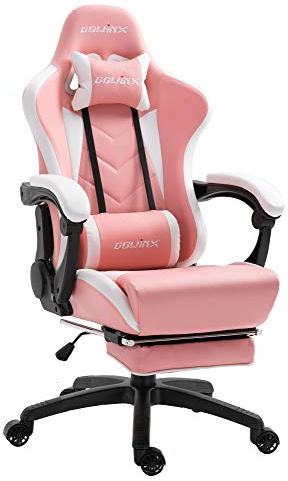 Dowinx Gaming Stuhl Ergonomischer Gamer Stuhl mit Lendenwirbelstütze, PC Bürostuhl Rückenlehne Verstellbarer Drehsessel mit Fußstütze (Rosa)
