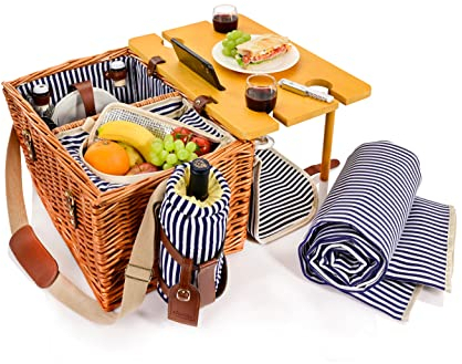 SÄNGER | Picknickkorb Borkum, 25-teiliges Set für 4 Personen, Großer Picknickkorb mit integriertem Tisch, Kühltasche, Picknickdecke & Geschirr, Komplett-Set