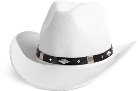 Gossifan Cowboy-Hut für Damen und Herren, Fedora-Hut mit Gürtel, B-black Gürtel, Weiß, Medium
