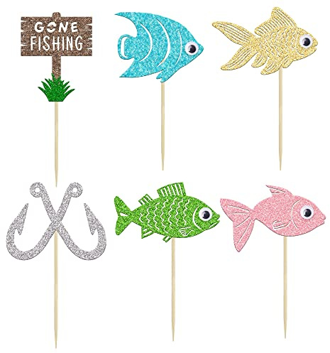 Gyufise 24 Stück Gone Fishing Bobber Cupcake Toppers mit 3D-Augen, kleiner Fischer, Geburtstagsparty, Kuchendekorationen für Kinder, Babyparty, Sommer, Pool, Strand, Unterwasser-Partyzubehör
