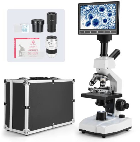 Vabiooth Dual-View Lab Compound Monocular Microscope 40X-2500X Magnification with 7 LCD Display, Wide-Field 4X/10X/40X(s)/100X(Spring Oil) Eyepieces, Adjustable Mechanical Stage, Aluminum Carry Box