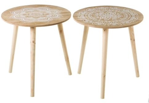 LOLAhome - Set de 2 mesas auxiliares Redondas Color Natural con Mandala Blanco de 40x42 cm. Mesitas Redondas de Pino versátiles Ideales para Usar como mesillas de Noche o Apoyo Decorativo