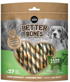 BetterBones Lot de 27 friandises à mâcher Douces pour Chien, sans Peau Brute, Torsades enveloppées d'agneau et de Menthe, 12,5 cm