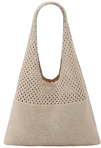 Ayieyill Borsa da donna all'uncinetto, in rete, da spiaggia, per vacanze estive, stile bohémien, borsa a maglia da donna, A/Cachi, Medium