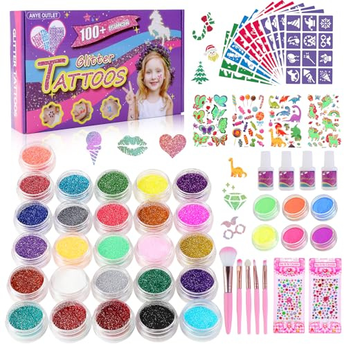 Glitzer Tattoo Set Kinder, Glitzertattoos Kinder Set, 32 Farben | 139 Tattoo Schablonen | 40+Temporäre Tattoo 238 Glitter Gesicht und 4 Kleber,Geschenke für Mädchen Party Geburtstag