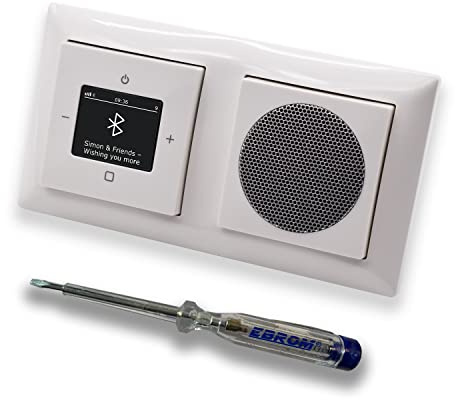 Busch Jäger DAB+ Unterputz Bluetooth (in and out) Radio 8217U-101 Balance SI alpinweiß, Komplett-Set mit Lautsprecher, Abdeckungen und Rahmen + EBROM Phasenprüfer zur Montage der Geräte - 8217 U – 101