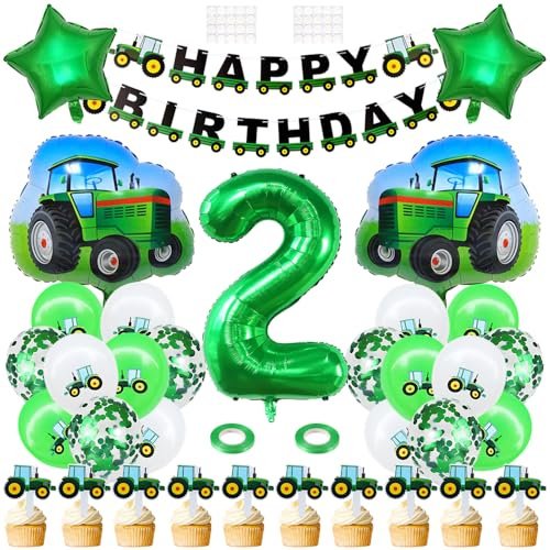 Green Tractor 2nd Birthday Party Decorations - Farm Theme Party Supplies With Banner, Foil Balloon, Cake Toppers for Boys Girls