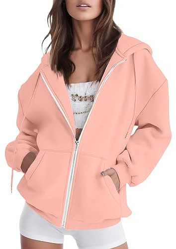 FNKDOR Reißverschluss Sweatjacke Damen mit Kapuze Große Größen Zipper Hoodie Kordelzug Kapuzenjacke Sweatshirtjacke (Pink, XXL)
