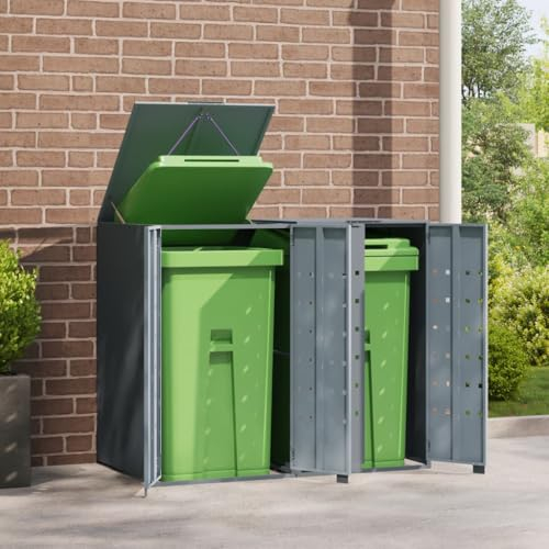 Keyroto Mülltonnenbox 2-er Mülltonnenhaus für 2X Tonnen 120 und 240 Liter, 2er Mülltonnenbox Müllcontainer Mülltonnenschrank, Stahl verzinkt, Farbe Grau