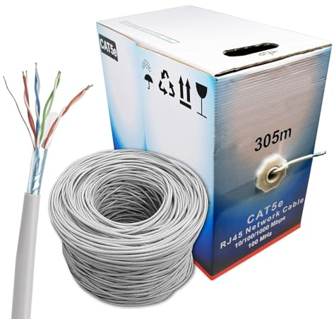 305m Cat5e FTP Ethernet Cable AWG24 CCA Solid LAN Network Cable 1Gbps 100MHz RJ45 Roll for POE CCTV IP Camera DSL ADSL Router Switch Indoor Outdoor Shielded Networking Cable (Grey)