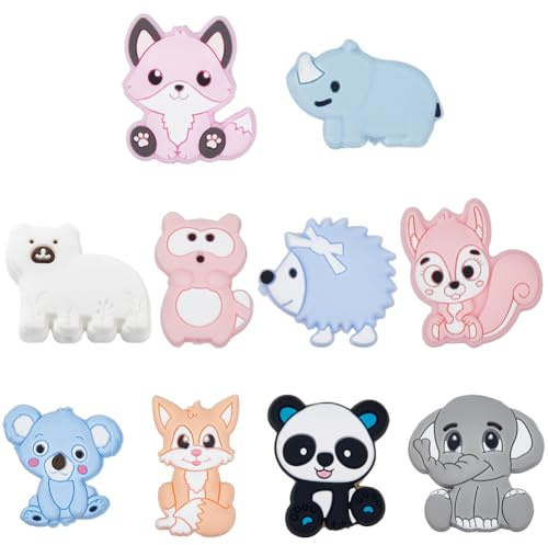 SUNNYCLUE 1 boîte de 10 perles en Silicone pour Animaux Perles Focales en Vrac Bleu Rose Caoutchouc Souple Éléphant Koala Panda Renard Raton Laveur Perles D'Espacement en Vrac pour la Fabrication de B