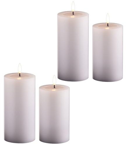 Novaliv 4er Set Led Kerzen flackernde Flamme mit Echtwachspiegel weiß 7,5cm ø 2X 15 cm, 2x12,5 cm Höhe, LED Kerzen mit Timerfunktion, 2 AA Batterien nötig, LED Echtwachs Stumpenkerzen warmweiß