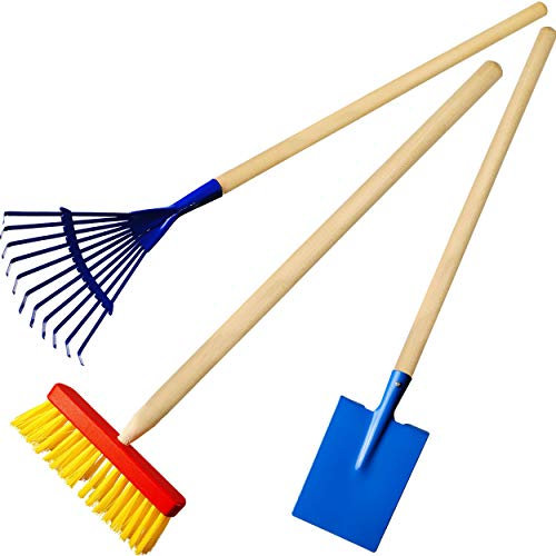 alles-meine.de GmbH 3 TLG. Set: Kinder - Spaten/Schaufel + Besen + Rechen Harke - aus Holz & Metall - bunt - 80 cm lang - stabile Gartengeräte/Gartenwerkzeug - Gartenset - Ki..