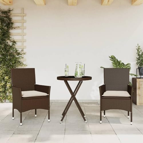Xichuzi 3-TLG. Bistro-Set mit Kissen Braun Poly Rattan und Glas, Gartenset Tisch Und Stühle, Balkon Möbel Für Kleinen Balkon, Terrassenmöbel, Balkonset, Balkonmöbel - 3278749