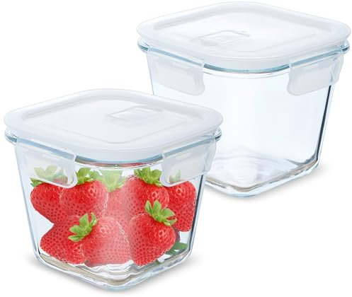 Iceten Minimalist Square Glass Meal Prep Containers, 2 Pack, 880ml Capacity, Leakproof, Airtight, Microwave, Oven, Freezer & Dishwasher Safe