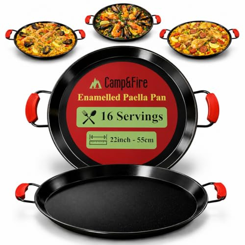 Camp&Fire Enamelled Carbon Steel Paella Pan - 55cm (22inch) Non-Stick, Rust-Free Traditional Spanish Pan for Rice, Seafood & Outdoor Cooking - Includes Silicone Hot Handle Holders.