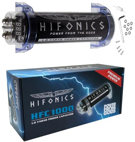 KIT SET FÜR HIFONICS HFC1000 1 Leistungskondensator Car Audio Kondensator 1 Farad für Anlagen bis 1000 Watt RMS 1 2 3 4 5 Cap Auto Spl schwarz, 1 Stück + Einbauzubehör