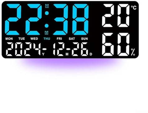 Reloj de pared LED digital con pantalla grande, monitor de temperatura y humedad, alarmas duales, calendario, cronómetro, temporizador de cuenta regresiva para sala de estar oficina 35 x 15 cm (B)