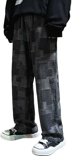 Générique Hommes Patchwork Plaid Pantalon Vintage Streetwear Homme Baggy Jeans Pantalon Droit Casual Loose Fit Jean pour Homme (Noir,3TG)