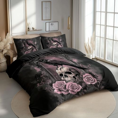 CozyRest Seersucker Bettwäsche, Mikrofaser Gothic-Stil Krähe Totenkopf Rose Bettbezug aus Atmungsaktive, Sommer Bettwäsche-Set mit Kissenbezug Schwarz Bettbezug mit Reißverschlus 135 x 200 cm