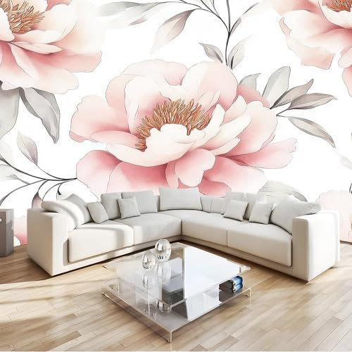 Carta da parati fotografica 400 x 280 cm, carta da parati non tessuto Fiori Acquerello Peonia motivo decorazione, 3d effetto murale Leggero per parete soggiorno camera cameretta bambini