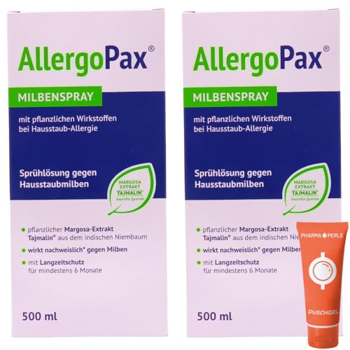 AllergoPax Milbenspray 2x 500 ml I Sprühlösung gegen Hausstaubmilben I mit pflanzlichen Wirkstoffen bei Hausstaub-Allergie I Für Matratzen und Textilien I Spar-Set plus Pharma Perle give-away